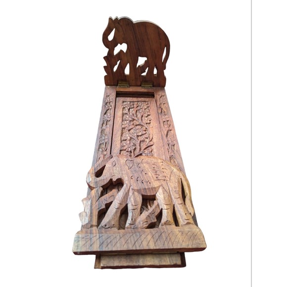 Vtg Carved Teak Expandable Elephant Shelf Book Tabletop Wood Boho India - Picture 4 of 8